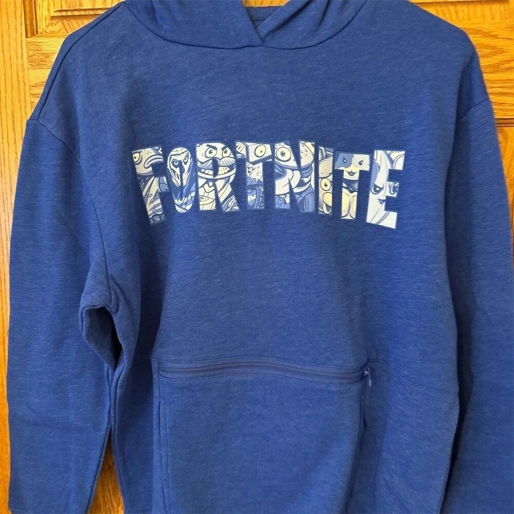 Fortnite Hoodie Boys Size 14/16 Blue Pullover Logo Graphic Kangaroo Pocket NWT